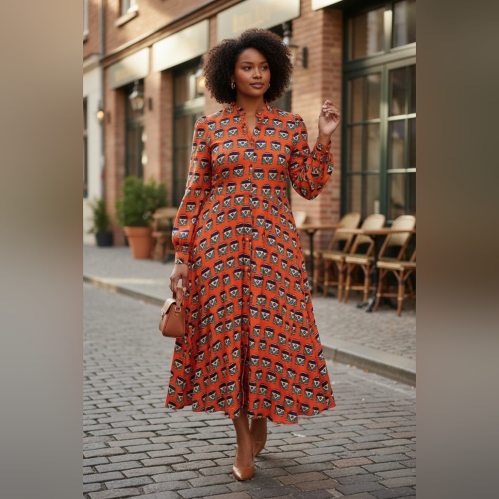 MODESTLY CUPCAKE Elegant Orange Patterned Dress SIZE MEDIUM